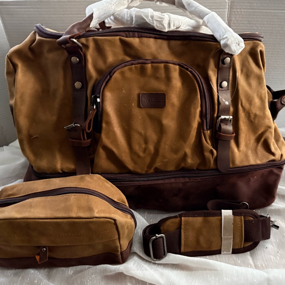 New Nerlion Canvas & Leather Weekender Bag with Toiletry Kit and Shoulder Strap